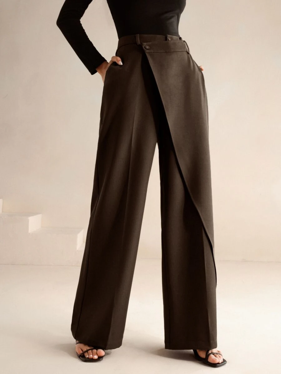 Anewsta Essential Women's New Professional Commute Minimalist Versatile Design Asymmetrical Patchwork High Waist Drape Straight Leg Pants - Mocha Brown - View 1