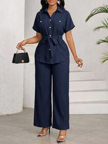 SHEIN Lady Women's Solid Color Waist Knot Top And Long Pants Casual Daily 2 Pieces Set - Navy Blue - View 5