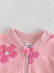 SHEIN Playful Pals 女嬰長袖圓領簡約休閒花卉印花夾克與時尚休閒百搭印花長褲套裝，舒適秋季休閒外出、玩耍與拍照穿搭 - 粉色 - 查看 4
