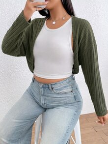 SHEIN EZwear Plus Solid Crop Black Jacket Without Tank Top Fall - Army Green - View 6