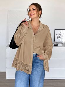 SHEIN Essnce Plus Size Women Solid Color Casual Versatile Everyday Outing Shirt - Khaki - View 5