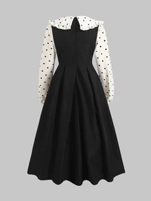 青少年女孩對比領條紋花卉印花長袖中長洋裝 - 黑與白 - 查看 3