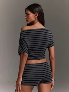 Athîral Setelan Dua Potong Wanita Garis-garis Abu-abu Hitam, Atasan Crop Lengan Pendek Satu Bahu Asimetris, Celana Pendek Pinggang Rendah untuk Perjalanan Pantai Musim Panas, Setelan Dua Potong Wanita - MultiWarna - View 4