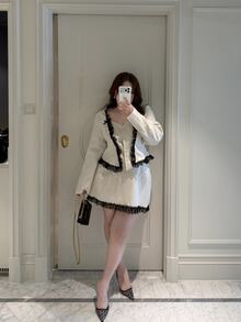 Vibekara Plus Size Elegant Elegant Contrast Color Lace Trim Jacket & Skirt Set Fall - White - View 3