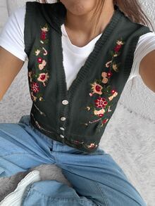 Rivivi Sweet Casual Cottagecore Vintage Versatile Embroidered Knit Vest Everyday Dark Grey Summer - Multicolor - View 3