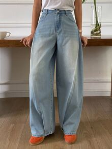 DAZY Distressed Washed Faded Loose Wide Leg Casual Streetwear Vacation Autumn Winter Long Pants Women's Jeans - Blue - View 4