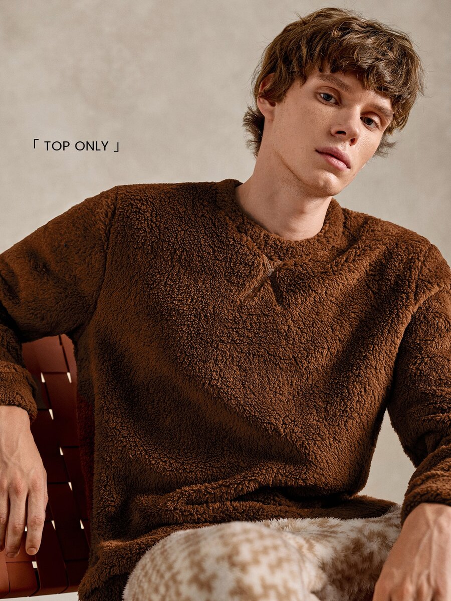 EverLounge Men's Autumn/Winter Minimalist Basic Fashion Comfortable British Style Brown Double-Sided Fleece Loungewear Top - Brown - View 1
