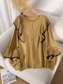 CosyJoli Caramel Brown Contrast Black Trim Double Layer Ruffle Round Neck Knitted Cardigan Women Autumn/Winter Loose Lantern Sleeve Asymmetrical Hem Sweater Jacket - Khaki - View 4