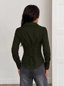 SHEIN PETITE 1pc Women's Solid Color Button Front Long Sleeve Casual Blouse - Army Green - View 7