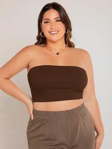 SHEIN BASICS 大尺碼短版抹胸上衣/夏季/露肩上衣 夏季女款上衣 夏季女裝套裝 - 棕色 - 查看 3