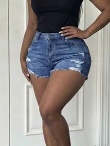 SHEIN ICON Plus Size Women's Casual Daily Denim Shorts With Pockets, Buttons And Distressed Design - Dark Wash - View 5