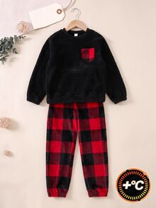 SHEIN 男童舒適格紋刷毛長袖上衣與長褲2件式睡衣套裝，適合秋冬穿著，聖誕派對適用 - 紅色 - 查看 3