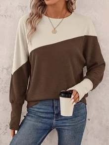 SHEIN LUNE Women's Colorblock Patchwork Batwing Sleeve Sweatshirt - Brown - View 4
