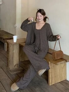 DAZY Women's Striped Long Sleeve Cardigan, Camisole And Pants Casual Set - Brown - View 4