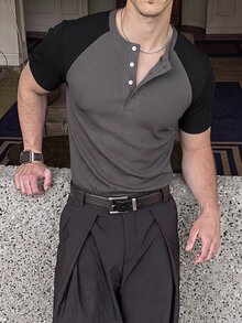 ESTAVOR 男士夏季休閒修身圓領短袖純灰色T恤 - 黑色 - 查看 8