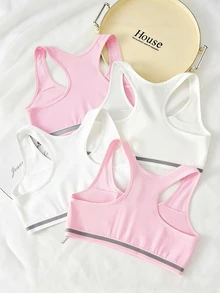 SHEIN 4件組青少年女孩圓領無袖內搭背心，四季款，純色粉色、白色與灰色滾邊，柔軟針織舒適日常內衣，秋冬適用 - 彩色 - 查看 2