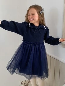 DAZY Girls' Turn Collar Knit Dress With Mesh Patchwork A-Line Waist, Cute Autumn/Winter Sweater Dress - Navy Blue - View 9