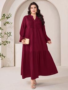 Al Najma Plus Size Solid Color Lace Patchwork Dress - Burgundy - View 6