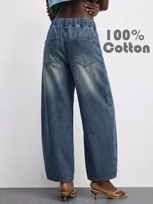 SHEIN ICON Plus Size Women's Drawstring Waist Pocket Casual Daily Travel Denim Jeans - Dark Wash - View 2