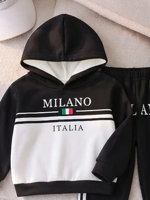 2件組幼兒休閒時尚格紋字母印花 MILANO, ITALIA 刷毛連帽衛衣與經典大字母印花側條紋長褲休閒套裝，適合運動戶外休閒，適用秋冬 - 彩色 - 查看 4