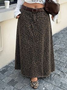 SHEIN MOD Plus Size Women's Leopard Print Pocket Casual Fashion Denim Skirt Work Outfits For Women - Brown - View 5