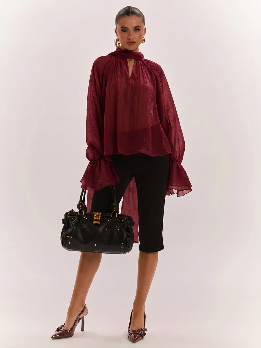 SHEIN BAE 女款優雅通勤純色蝴蝶結襯衫 - 酒紅色 - 查看 1