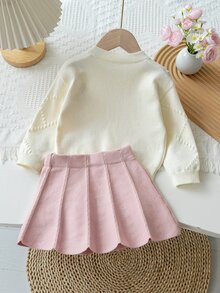 Souflis Souflis 6個月至3歲女嬰奶油色鑽石泡泡紋理針織開襟短外套，配淺粉色緞面蝴蝶結愛心鈕扣 + 粉色直條紋A字百褶短裙 2件套，柔軟溫和春秋針織套裝，適合生日、旅行 - 粉色 - 查看 2