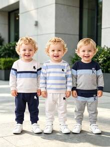 Baby Boy Round Neck Casual Comfortable Set, Simple Design Suitable For All Seasons - Multicolor - View 4