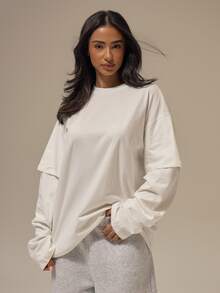 MUSERA ESSENTIALS Solid White Double Layer Overlay Sleeve Crew Neckline Oversized Fit T-Shirt Top Basics Loungewear Casual Everyday Essentials - White - View 1