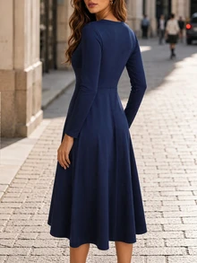 Editum Women's Solid Color Ruffle Waist A-Line Long Sleeve Dress - Navy Blue - View 2