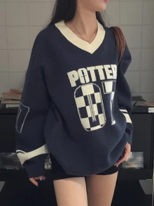 DAZY Women's Casual Letter Pattern Sweater, Autumn/Winter Cute Tops - Navy Blue - View 1