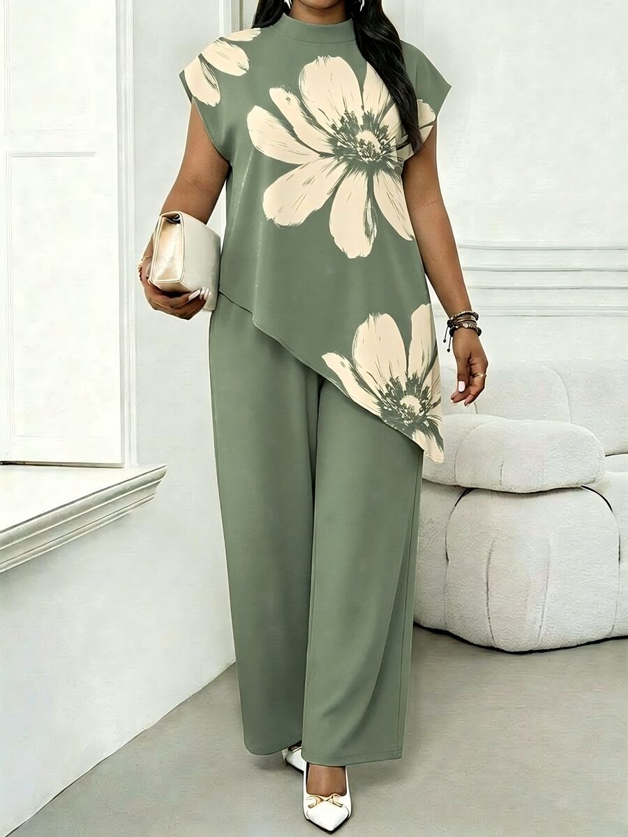 SHEIN Lady Plus Size Women's Floral Print Stand Collar Asymmetric Hem Blouse - Green - View 1