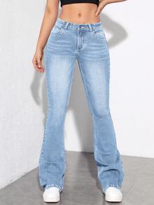 SHEIN PETITE Women's Fashionable Street Style Button Flared Denim Jeans - Light Wash - View 6