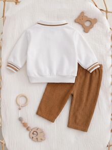 Cozy Pixies 新生兒熊圖案對比色 Polo 領長袖衛衣與長褲套裝 - 彩色 - 查看 2