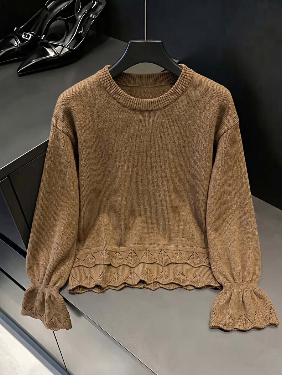 Muvela Women's Brown Scalloped Hem Sweater Pointelle Open Knit Bell Sleeve Flared Cuff Ribbed CrewNeckDropShoulderLooseFit ElegantPulloverKnitwearfall/Winter - Brown - View 1