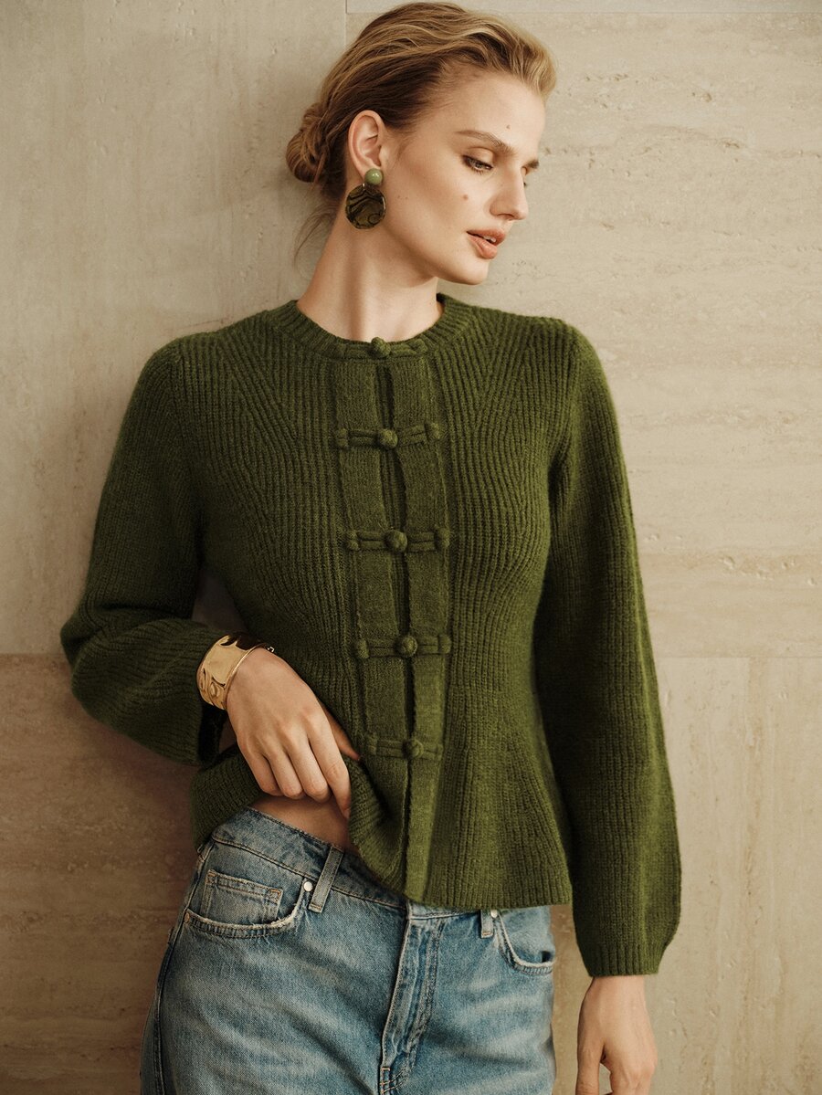 Arave Women's Sweater Top Slim Fit Waist Defining Chinese Frog Buttons Round Neck Ribbed Texture Retro Elegant Old Money Green Fall Clothes For Women Sweate