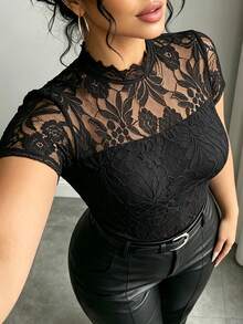 Breezaya Women's Elegant Lace Patchwork Stand Collar Slim Fit Short Sleeve Commuter Blouse - Black - View 3