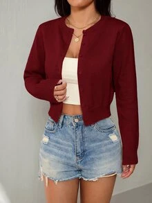 SHEIN PETITE 女款純色休閒百搭日常外出辦公開襟衫 酒紅色 秋季 - 紅色 - 查看 4