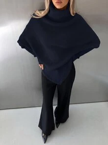Aloruh 女款秋冬新款露肩交叉領海軍藍超長毛衣 日常旅行簡約休閒 - 寶藍色 - 查看 7