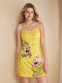 SpongeBob SquarePants | SHEIN Women's Cartoon Print Casual Daily Home Camisole Nightgown - Yellow - View 3