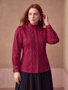MOTF PREMIUM PLUS SIZE WOMEN'S FRILL TRIM STAND COLLAR CONTRAST LACE BLOUSE FALL - Burgundy - View 7
