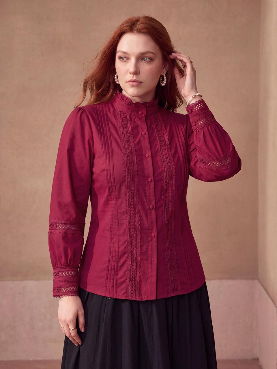 MOTF PLUS SIZE WOMEN'S FRILL TRIM STAND COLLAR CONTRAST LACE BLOUSE