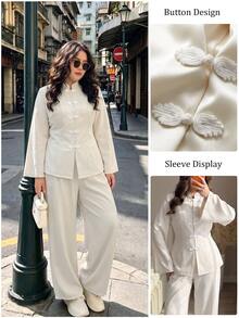Modelyn Fall/ Elegant New Chinese Style Frog Button Stand Collar 2 Pieces Set Long Sleeve Top Minimalist Fashion Elegant Casual Outfit Dinner Formal White - Apricot - View 8