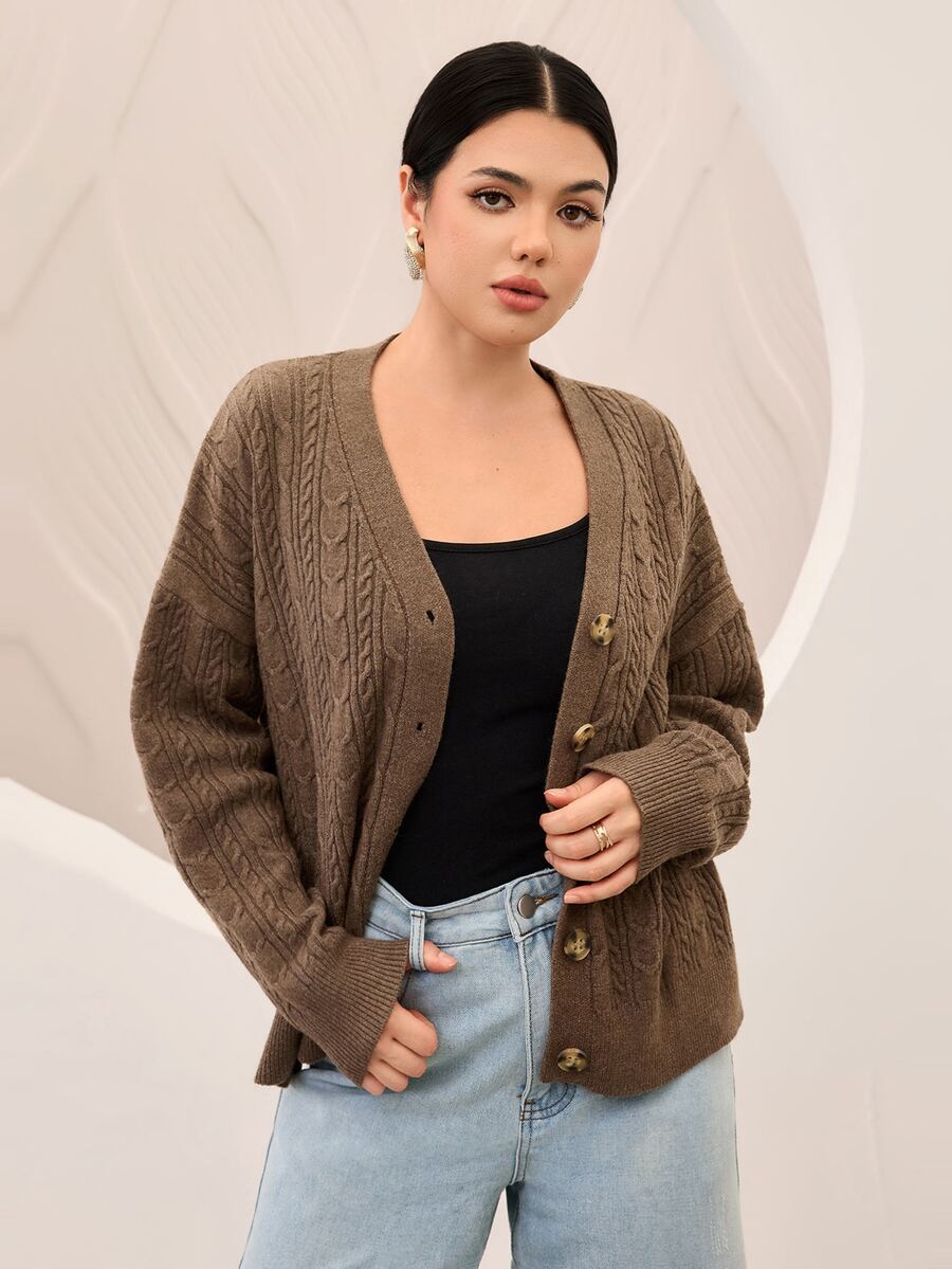 Graceveil Women's Cable Knit Versatile Elegant Autumn/Winter Cardigan - Brown - View 1