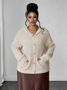 Maweii Plus Size Women's Hooded Button-Up Dual Pocket Casual Cardigan - Apricot - View 6