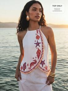 CAJUNI Top With Wrap-Style Front And Halter Neck, Sea Element Print. - White - View 1