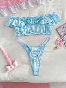 FairyFlirt 2件組淺藍色荷葉邊露肩緞面可愛甜美Coquette風娃娃裙式Lolita女款內衣套裝 - 淺藍色 - 查看 2