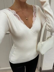 DAZY Women's Solid Color Contrast Lace V-Neck Long Sleeve Slim Fit Elegant Sweater Fall - Beige - View 8