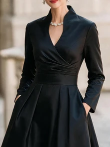 SHEIN Vintage Elegant Daily Commute Banquet Notched V-Neck Cinched Waist Long Sleeve Satin Midi Dress For Women - Black - View 5