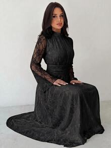 Firerie Women's Elegant Long Lace Dress With Stand Collar And Bell Sleeves - Black - View 1